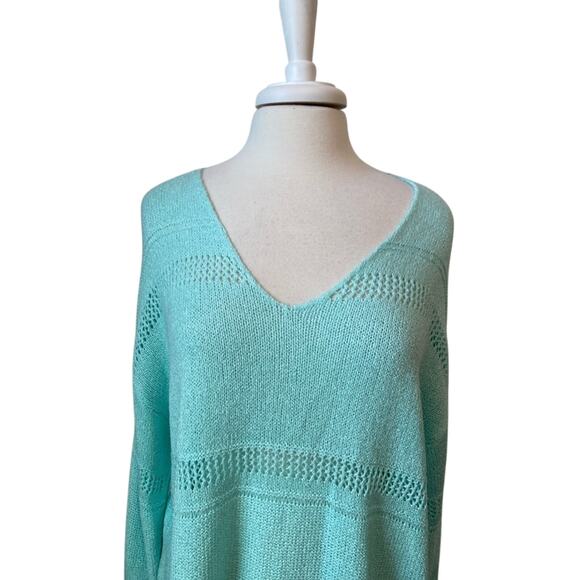 Olivia Sky NWT Women's 1X Boho Open Knit Long Sleeve V Neck Hi Lo Mint Sweater - Picture 5 of 11